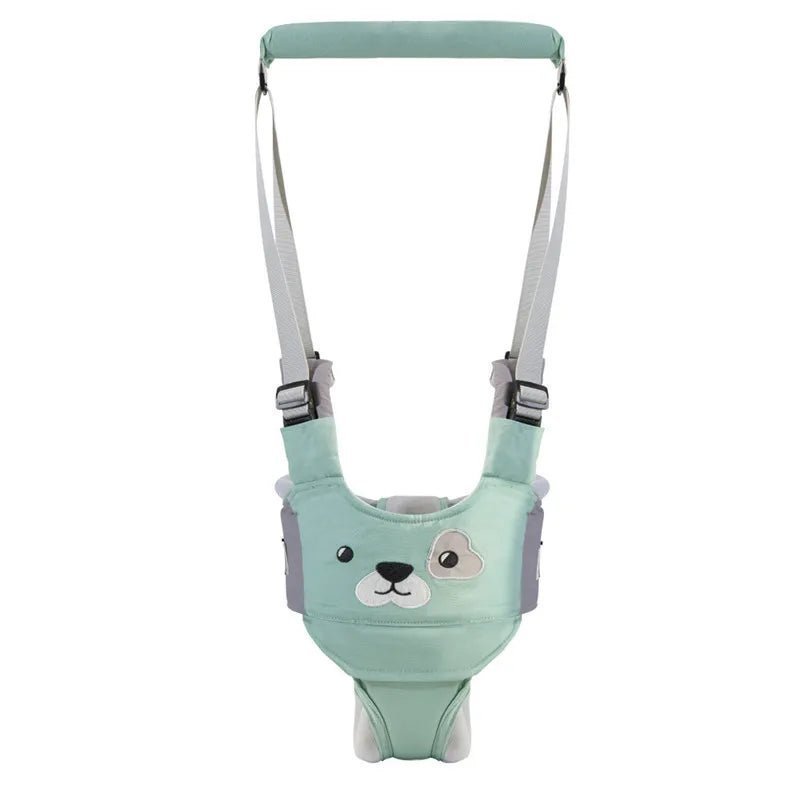 Ceinture d'apprentissage de la marche pour bébé en vert pastel avec motifs de chien, idéale pour la sécurité et le confort.