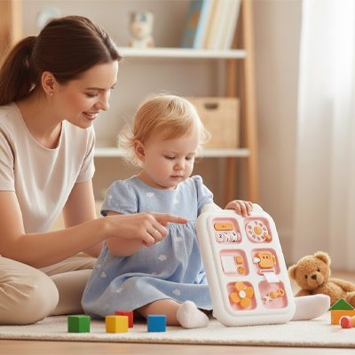 Tableau d'activités Montessori™ en plastique léger, aux couleurs douces, manipulé par un enfant avec une maman attentive.