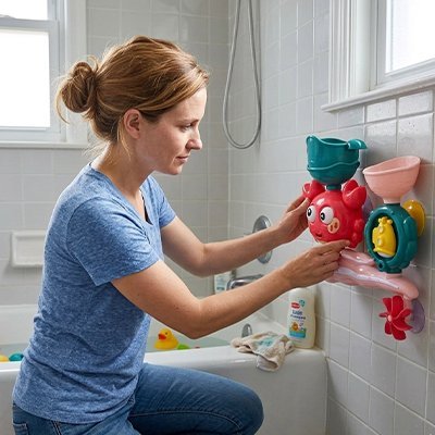 Jouet de bain pour bébé en plastique coloré, avec système de cascade et fixation murale, présenté par une maman dans une baignoire.