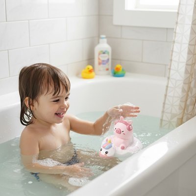 Jouet de bain empilable avec un cochon et une licorne, colorés, flottant, utilisé par un enfant heureux dans une baignoire.