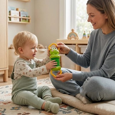 Jouet musical bébé en forme d'accordéon vert, utilisé par un jeune enfant assis sur un tapis, sourire aux lèvres.