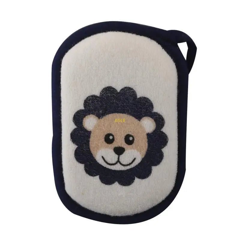 Éponge de bain bébé douce en coton naturel avec motif de lion amusant et sangle pour une prise sécurisée.
