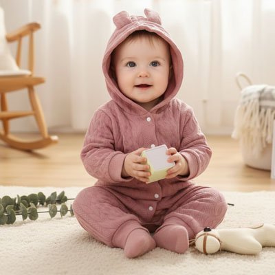 Pyjama bébé ultra-doux en rose, avec capuche et oreilles 3D, pieds intégrés, sur un bébé souriant assis au sol.