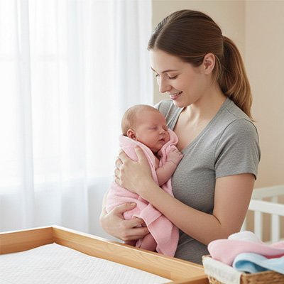 Serviette de bain bébé rose en tissu éponge, enveloppant un bébé dans les bras d'une mère. Salle lumineuse.