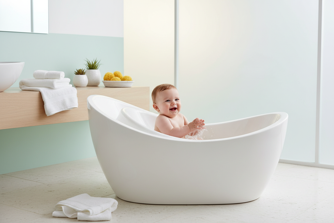 Baignoire Bebe Confort sur pied ergonomique dans salle de bain moderne