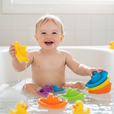 Bébé jouant avec jouets de bain