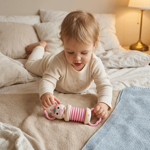 Jouet musical bébé en rose avec motifs souriants, manipulé par un enfant allongé sur un lit avec des draps clairs.