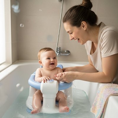 Bébé s'amusant en sécurité dans son siège de bain.
