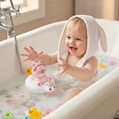 Bébé s'amuse avec jouets de bain empilables