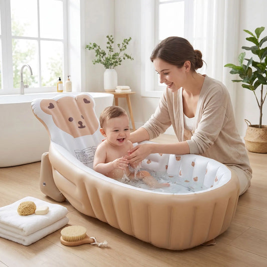 Bébé souriant dans baignoire gonflable colorée