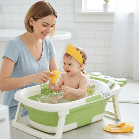 Baignoire bébé pliable verte, gain de place compacte.