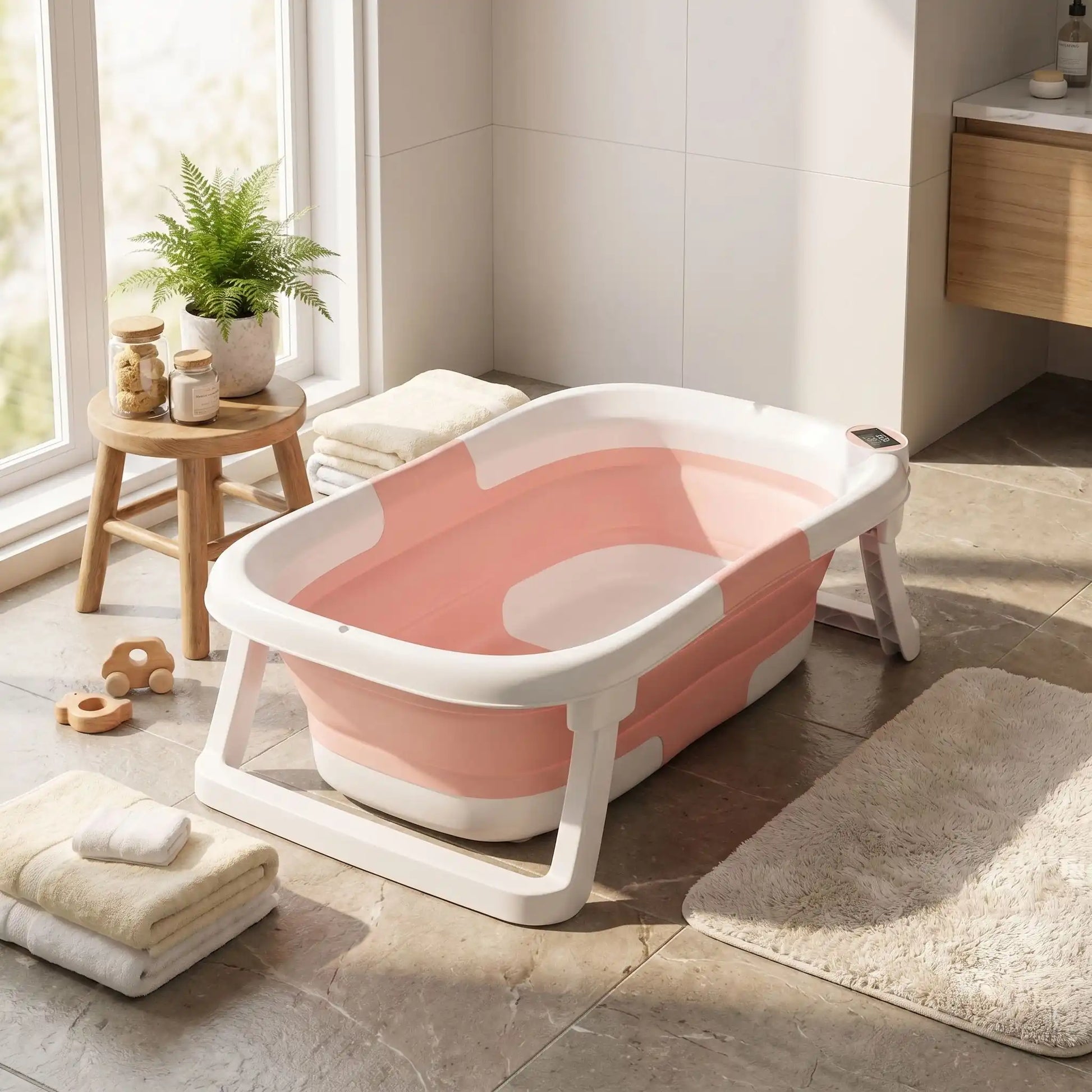 Baignoire bébé pliante blanche et rose.