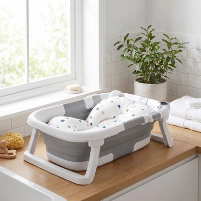 Baignoire bébé pliante grise avec support.