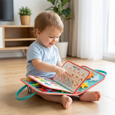 Busy board bébé orange jouet motricité fine.