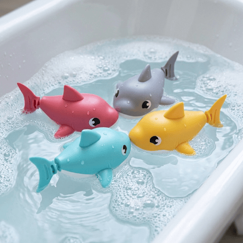 Bébé jouant avec jouet de bain coloré