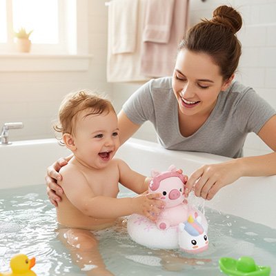 Jouets empilables rose et turquoise pour bain