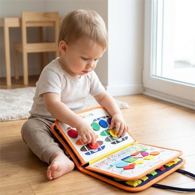 Livre occupé Montessori orange apprentissage sensoriel bébé.