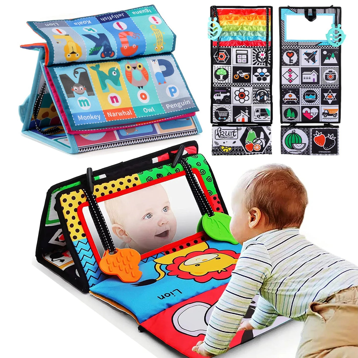 Livre éveil sensoriel bébé tissu miroir contrastes