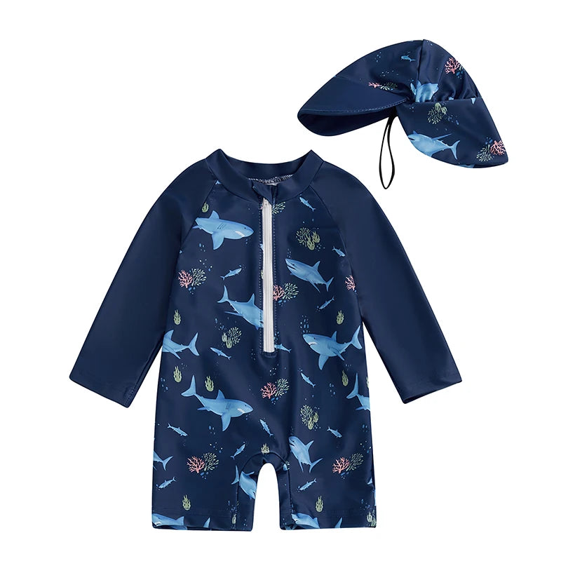 Maillot anti UV bleu ciel avec casquette requin
