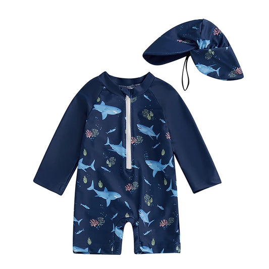 Maillot anti UV bleu ciel avec casquette requin