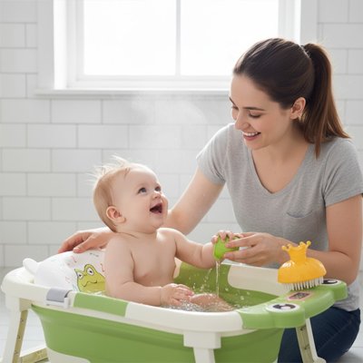 Maman et son bebe souriant plaisir de Baignoire bebe pliable