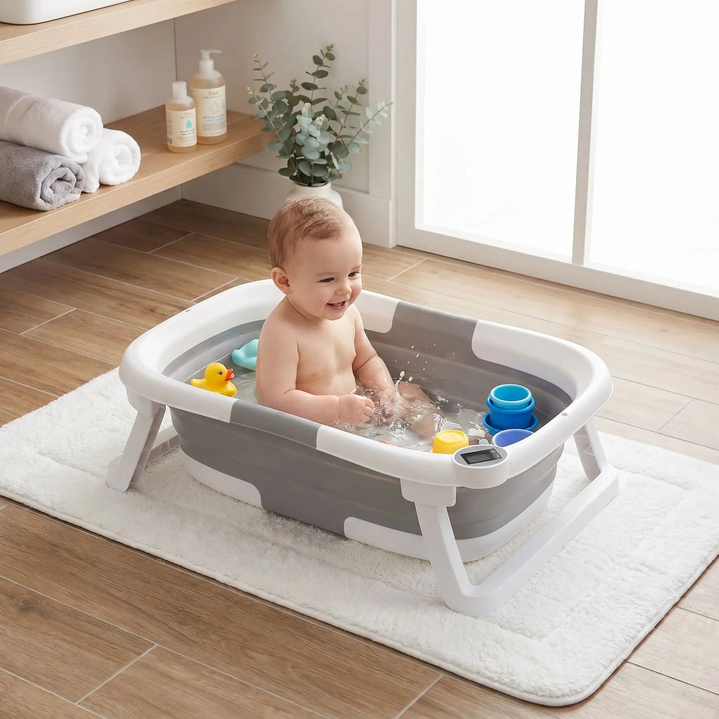 Nouveau-né souriant dans une baignoire blanche