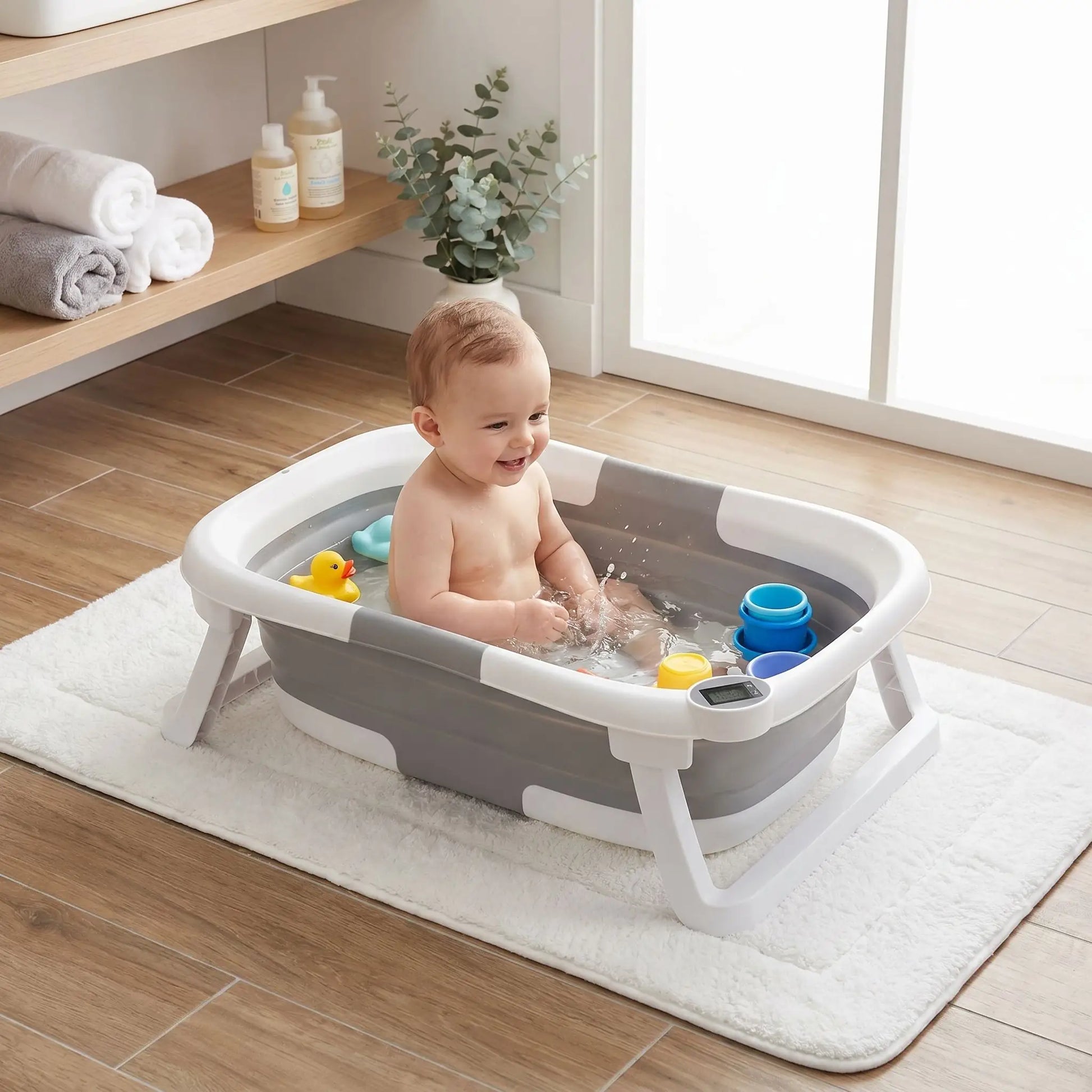 Nouveau-né souriant dans une baignoire blanche