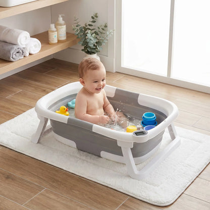 Nouveau-né souriant dans une baignoire blanche