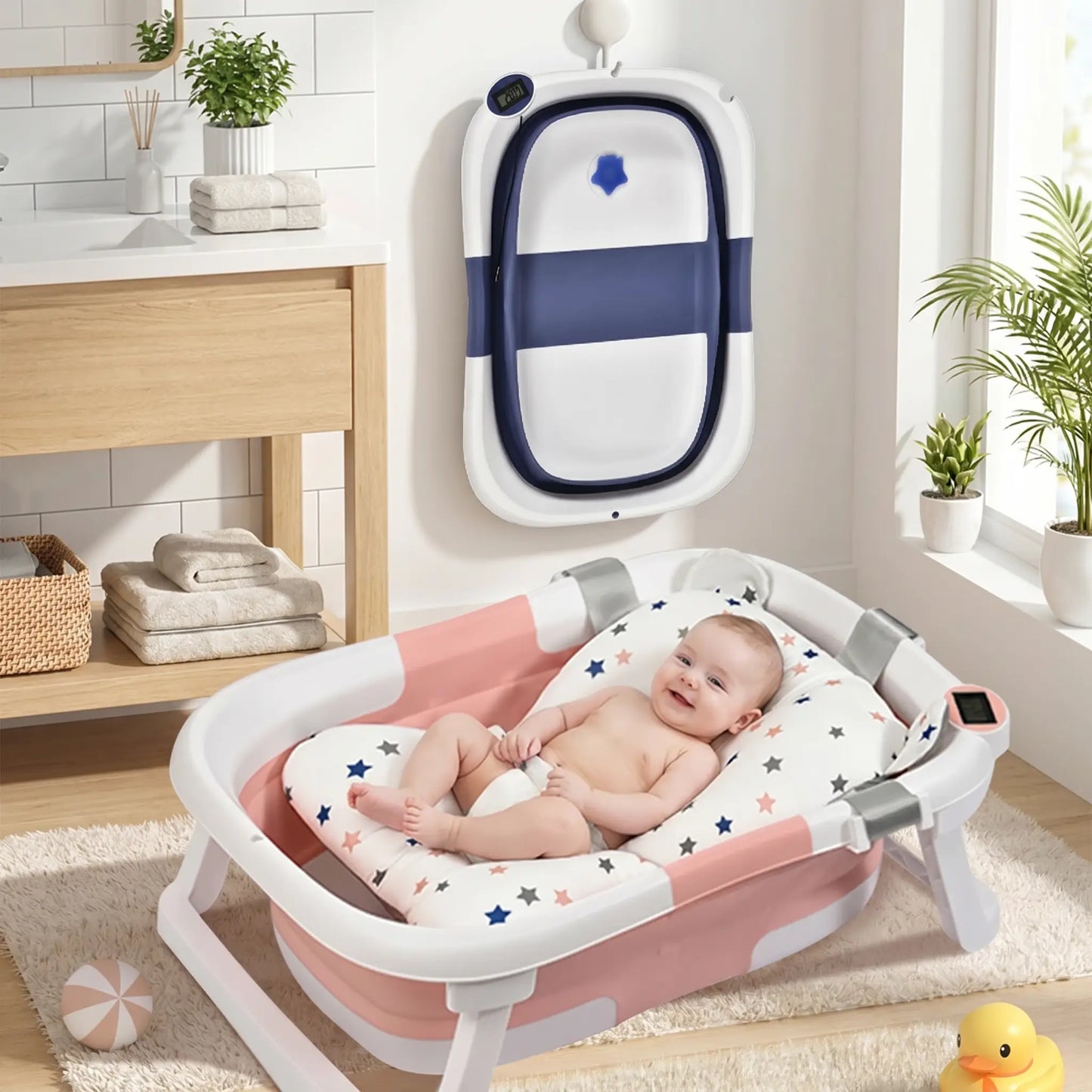 bébé souriant dans une baignoire bébé blanche