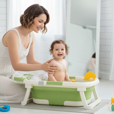 Baignoire bébé pliable maman et bébé souriant