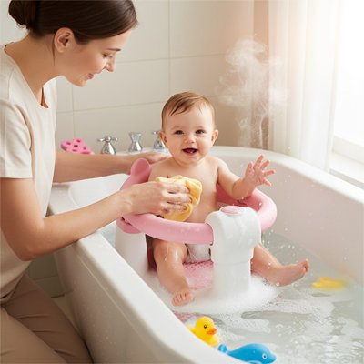 maman et son bébé souriant avec siège de bain bebe 