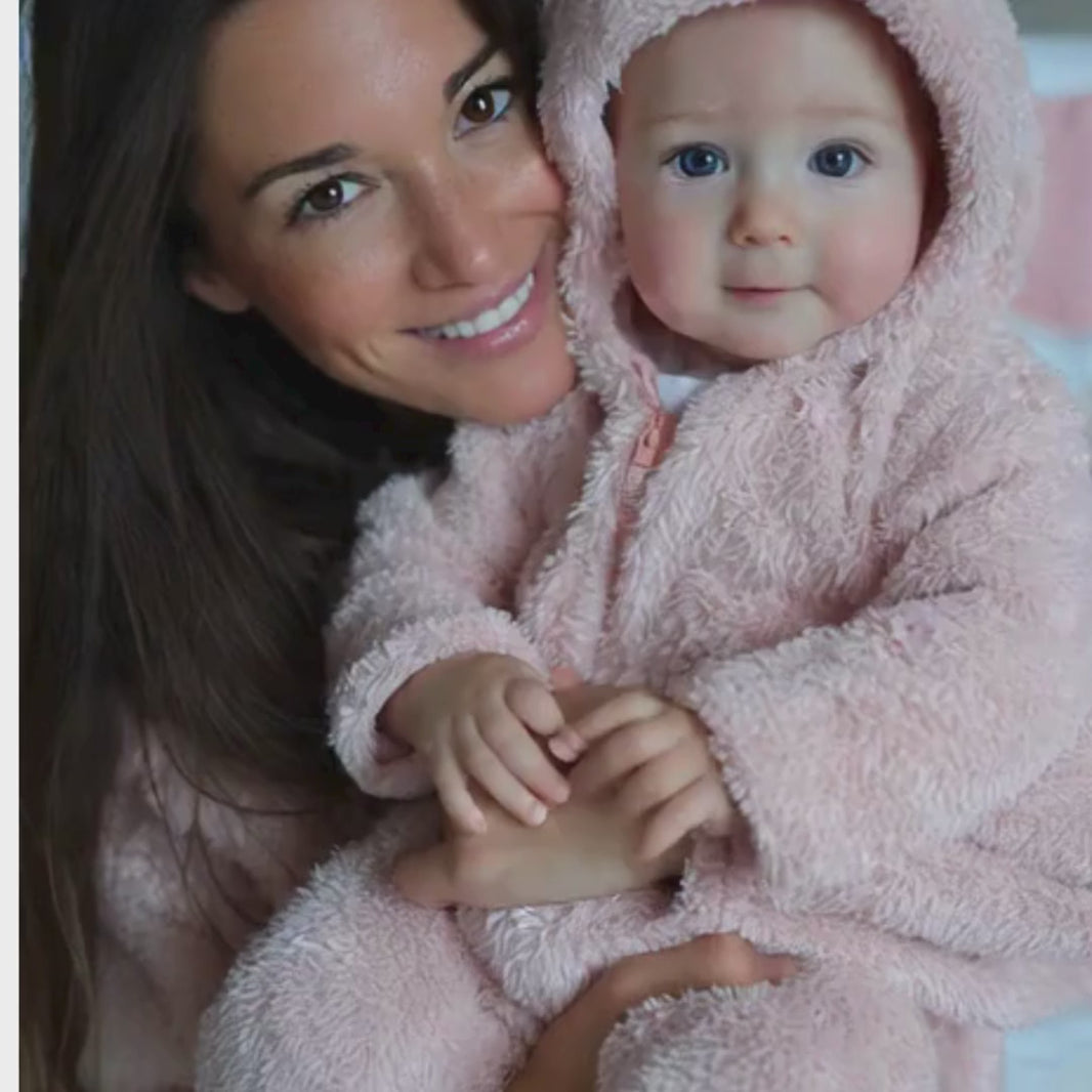 Enjoué aux côtés de sa maman, qui est habillée d'une cape de bain bébé.